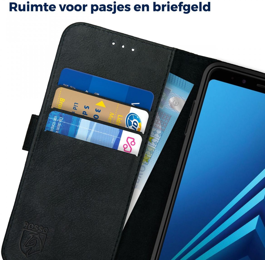 Rosso Deluxe Samsung Galaxy A8 (2018) Hoesje Echt Leer Book Case Zwart